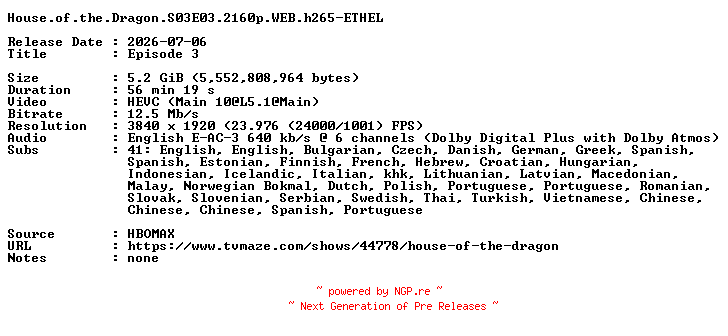 NFO for the release House.of.the.Dragon.S03E03.2160p.WEB.h265-ETHEL by ETHEL