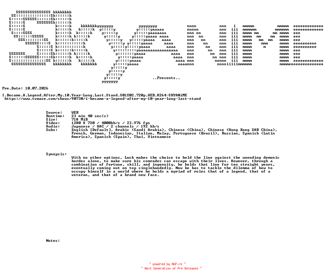 NFO for the release I.Became.A.Legend.After.My.10.Year-Long.Last.Stand.S01E02.720p.WEB.H264-SKYANiME by SKYANiME