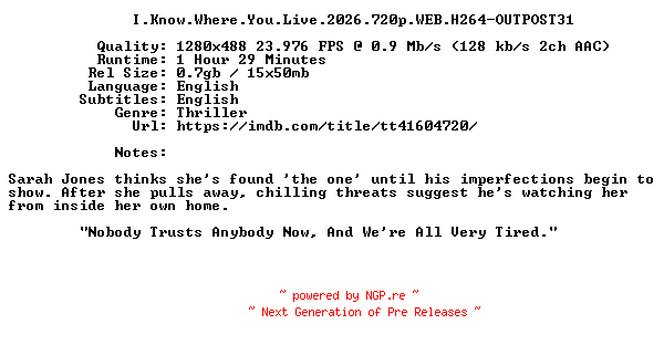 NFO for the release I.Know.Where.You.Live.2026.720p.WEB.H264-OUTPOST31 by OUTPOST31