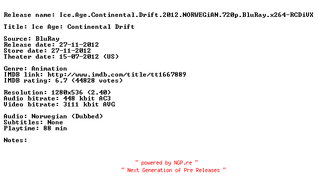 NFO for the release Ice.Age.Continental.Drift.2012.NORWEGiAN.720p.BluRay.x264-RCDiVX by RCDiVX