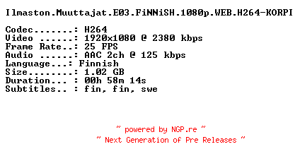 NFO for the release Ilmaston.Muuttajat.E03.FiNNiSH.1080p.WEB.H264-KORPI by KORPI