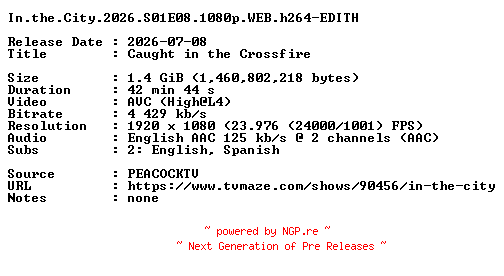 NFO for the release In.the.City.2026.S01E08.1080p.WEB.h264-EDITH by EDITH