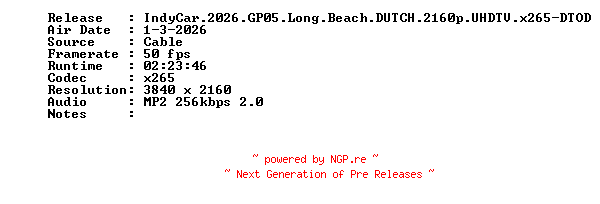NFO for the release IndyCar.2026.GP05.Long.Beach.DUTCH.2160p.UHDTV.x265-DTOD by DTOD