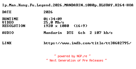NFO for the release Ip.Man.Kung.Fu.Legend.2026.MANDARIN.1080p.BLURAY.H264-HOA by HOA
