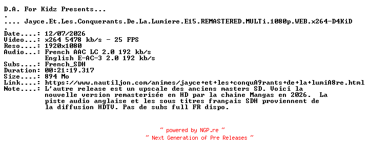 NFO for the release Jayce.Et.Les.Conquerants.De.La.Lumiere.E15.REMASTERED.MULTi.1080p.WEB.x264-D4KiD by D4KiD