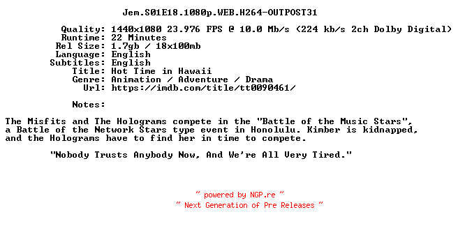 NFO for the release Jem.S01E18.1080p.WEB.H264-OUTPOST31 by OUTPOST31