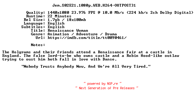 NFO for the release Jem.S02E21.1080p.WEB.H264-OUTPOST31 by OUTPOST31