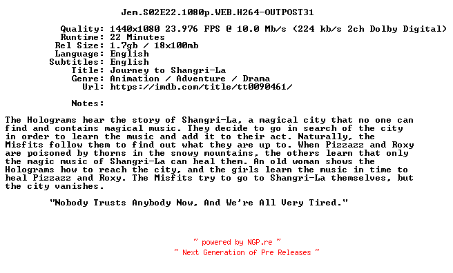 NFO for the release Jem.S02E22.1080p.WEB.H264-OUTPOST31 by OUTPOST31