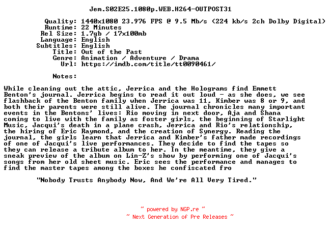 NFO for the release Jem.S02E25.1080p.WEB.H264-OUTPOST31 by OUTPOST31