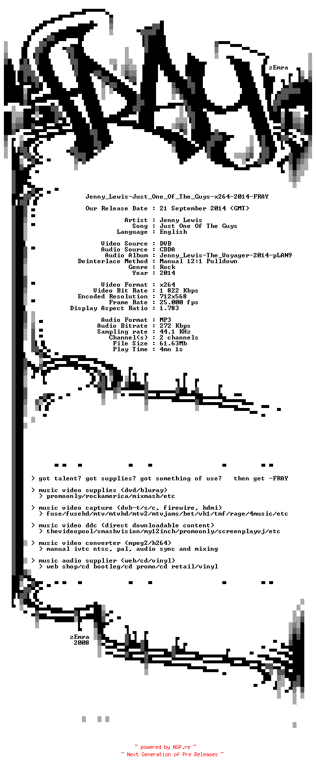 NFO for the release Jenny_Lewis-Just_One_Of_The_Guys-x264-2014-FRAY by FRAY