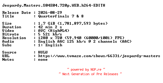 NFO for the release Jeopardy.Masters.S04E04.720p.WEB.h264-EDITH by EDITH