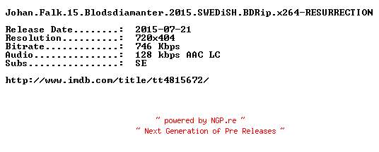 NFO for the release Johan.Falk.15.Blodsdiamanter.2015.SWEDiSH.BDRip.x264-RESURRECTION by RESURRECTION