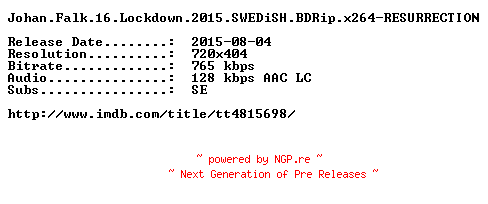 NFO for the release Johan.Falk.16.Lockdown.2015.SWEDiSH.BDRip.x264-RESURRECTION by RESURRECTION