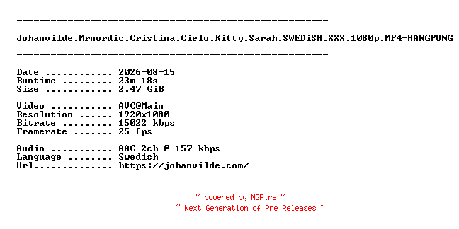 NFO for the release Johanvilde.Mrnordic.Cristina.Cielo.Kitty.Sarah.SWEDiSH.XXX.1080p.MP4-HANGPUNG by HANGPUNG