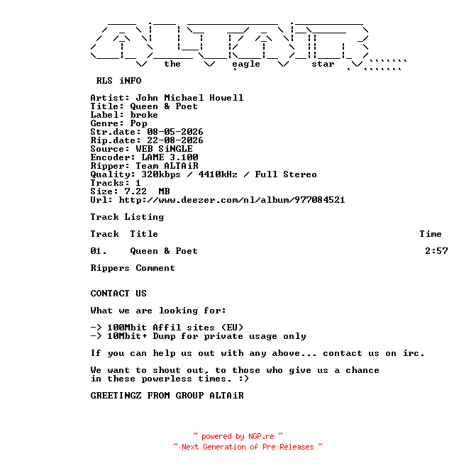NFO for the release John_Michael_Howell_-_Queen_and_Poet-SINGLE-WEB-2026-ALTAiR by ALTAiR