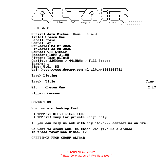 NFO for the release John_Michael_Howell_and_ZVC_-_Chosen_One-SINGLE-WEB-2026-ALTAiR by ALTAiR