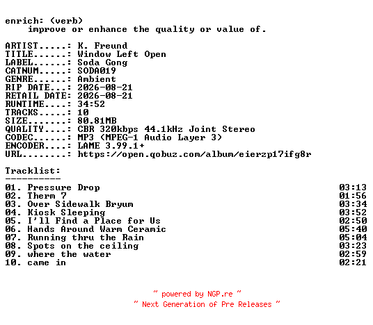NFO for the release K._Freund-Window_Left_Open-(SODA019)-WEB-2026-ENRiCH by ENRiCH