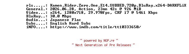 NFO for the release Kamen.Rider.Zero.One.E14.SUBBED.720p.BluRay.x264-DARKFLiX by DARKFLiX