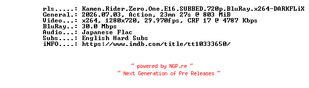 NFO for the release Kamen.Rider.Zero.One.E16.SUBBED.720p.BluRay.x264-DARKFLiX by DARKFLiX
