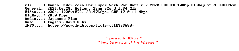 NFO for the release Kamen.Rider.Zero.One.Super.Work.War.Battle.2.2020.SUBBED.1080p.BluRay.x264-DARKFLiX by DARKFLiX