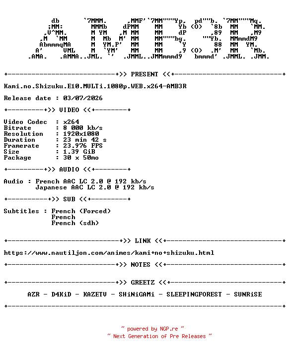 NFO for the release Kami.no.Shizuku.E10.MULTi.1080p.WEB.x264-AMB3R by AMB3R
