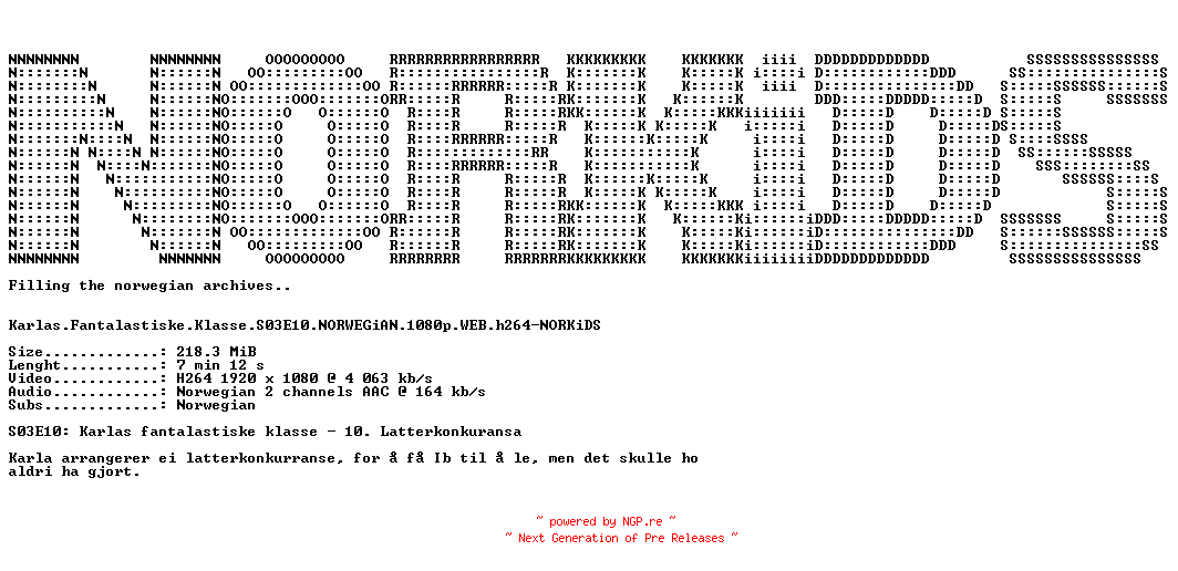 NFO for the release Karlas.Fantalastiske.Klasse.S03E10.NORWEGiAN.1080p.WEB.h264-NORKiDS by NORKiDS