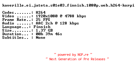 NFO for the release Kaverille.Ei.Jateta.S01E03.FiNNiSH.1080p.WEB.H264-KORPI by KORPI