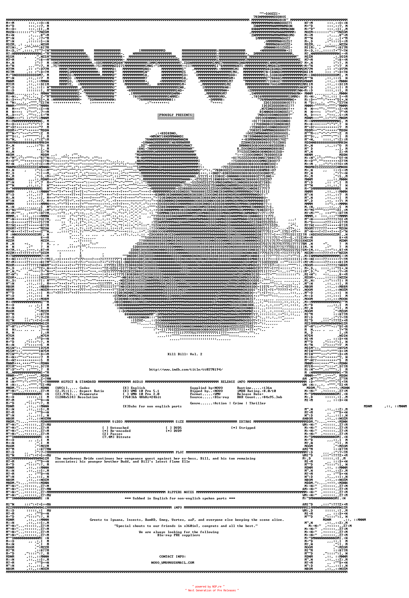 NFO for the release Kill.Bill.Vol.2.2004.Bluray.720p.VC1.5.1.WMV.INTERNAL-NOVO by NOVO
