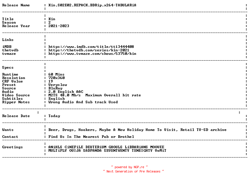 NFO for the release Kin.S02E02.REPACK.BDRip.x264-TABULARiA by TABULARiA