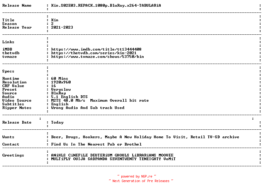 NFO for the release Kin.S02E03.REPACK.1080p.BluRay.x264-TABULARiA by TABULARiA