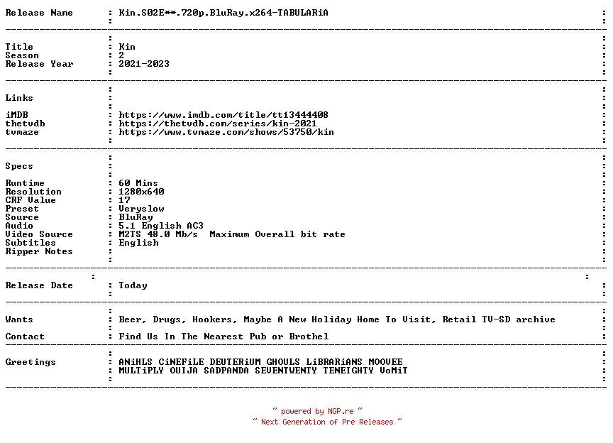 NFO for the release Kin.S02E07.720p.BluRay.x264-TABULARiA by TABULARiA