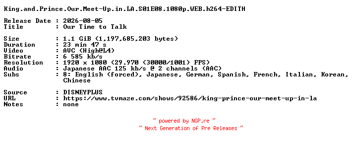 NFO for the release King.and.Prince.Our.Meet-Up.in.LA.S01E08.1080p.WEB.h264-EDITH by EDITH