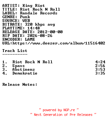 NFO for the release King_Riot-Riot_Rock_N_Roll-WEB-DE-2012-SDR by SDR