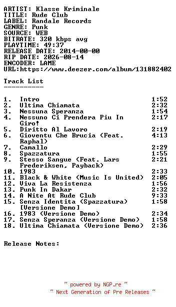 NFO for the release Klasse_Kriminale-Rude_Club-WEB-IT-2014-SDR by SDR