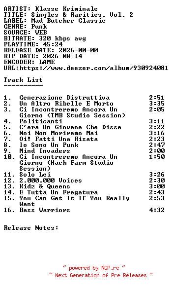 NFO for the release Klasse_Kriminale-Singles_and_Rarities_Vol._2-WEB-IT-2026-SDR by SDR