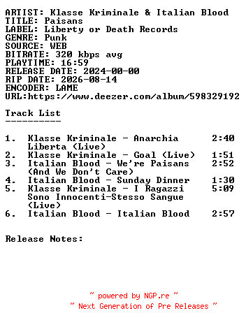 NFO for the release Klasse_Kriminale_And_Italian_Blood-Paisans-WEB-IT-2024-SDR by SDR