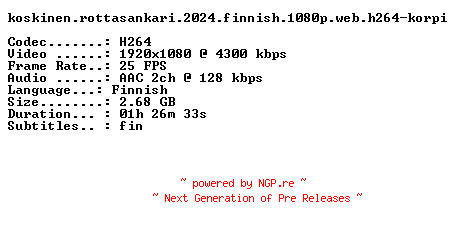 NFO for the release Koskinen.Rottasankari.2024.FiNNiSH.1080p.WEB.H264-KORPI by KORPI