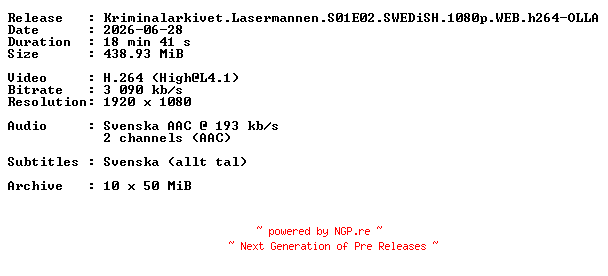 NFO for the release Kriminalarkivet.Lasermannen.S01E02.SWEDiSH.1080p.WEB.h264-OLLA by OLLA