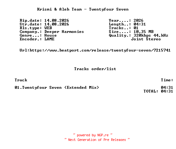 NFO for the release Krismi_And_Aleh_Team_-_Twentyfour_Seven-(DH107)-SINGLE-WEB-2026-FMC by FMC