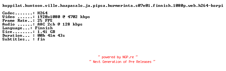NFO for the release Kuppilat.Kuntoon.Ville.Haapasalo.Ja.Pipsa.Hurmerinta.S07E01.FiNNiSH.1080p.WEB.H264-KORPI by KORPI