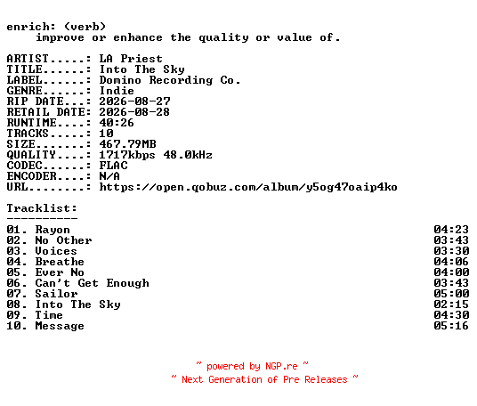 NFO for the release LA_Priest-Into_The_Sky-24BIT-WEB-FLAC-2026-ENRiCH by ENRiCH