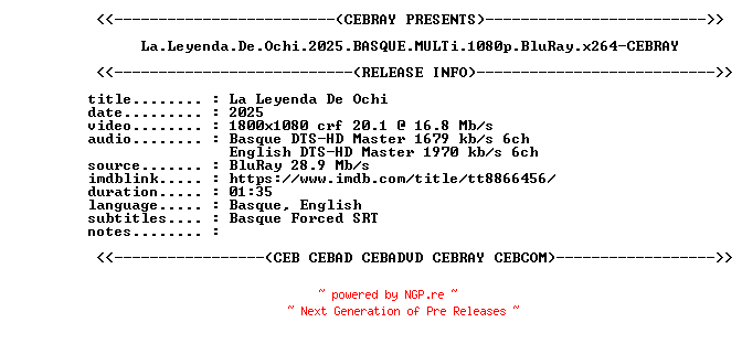 NFO for the release La.Leyenda.De.Ochi.2025.BASQUE.MULTi.1080p.BluRay.x264-CEBRAY by CEBRAY