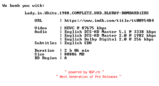NFO for the release Lady.in.White.1988.COMPLETE.UHD.BLURAY-B0MBARDiERS by B0MBARDiERS