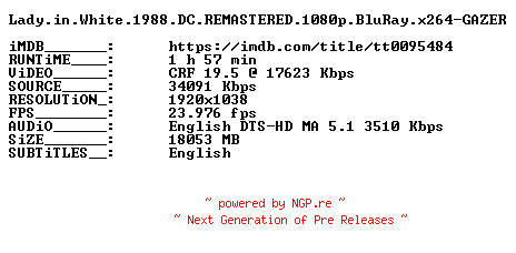 NFO for the release Lady.in.White.1988.DC.REMASTERED.1080p.BluRay.x264-GAZER by GAZER