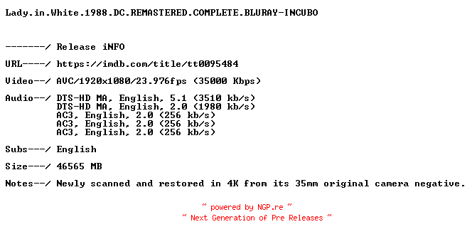 NFO for the release Lady.in.White.1988.DC.REMASTERED.COMPLETE.BLURAY-INCUBO by INCUBO