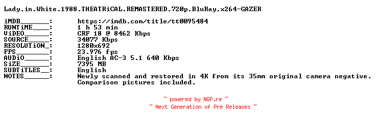 NFO for the release Lady.in.White.1988.THEATRiCAL.REMASTERED.720p.BluRay.x264-GAZER by GAZER