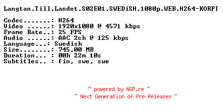 NFO for the release Langtan.Till.Landet.S02E01.SWEDiSH.1080p.WEB.H264-KORPI by KORPI