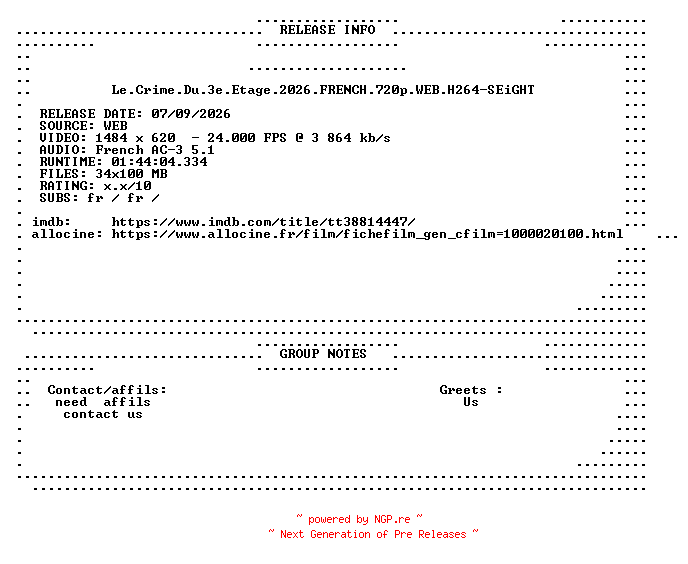 NFO for the release Le.Crime.Du.3e.Etage.2026.FRENCH.720p.WEB.H264-SEiGHT by SEiGHT