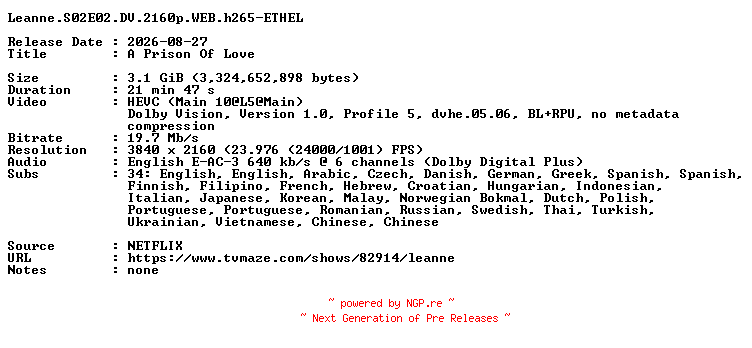 NFO for the release Leanne.S02E02.DV.2160p.WEB.h265-ETHEL by ETHEL