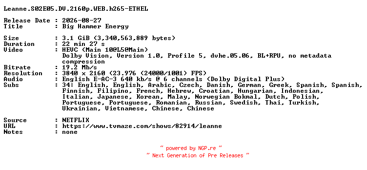 NFO for the release Leanne.S02E05.DV.2160p.WEB.h265-ETHEL by ETHEL